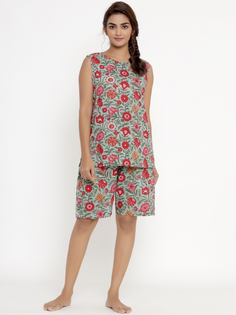 

MIRAVAN Women Sea Green & Red Printed Night suit