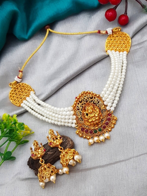 

GRIIHAM Gold-Plated Pink & White AD-Studded & Pearl Beaded Jewellery Set