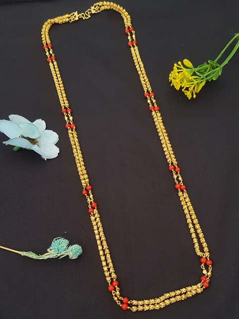 

GRIIHAM Gold Plated Red Two Layered Brass Chain With Coral Beads