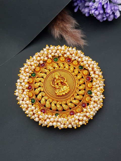

GRIIHAM Gold-Plated Green & Red Stone Studded Temple Juda Bun Accessory