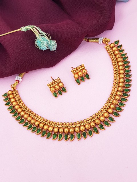 

GRIIHAM Gold-Plated Green Studded Jewellery Set