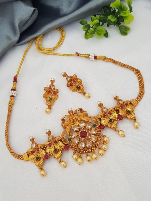 

GRIIHAM Gold-Plated Red Stones-Studded Jewellery Set