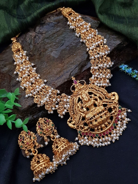 

GRIIHAM Gold Plated & White Beaded Temple Jewellery Set