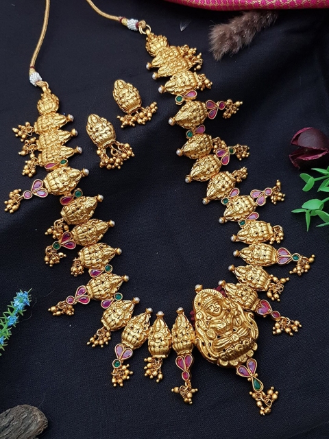 

GRIIHAM Gold-Plated Red & Green Stone-Studded Jewellery Set