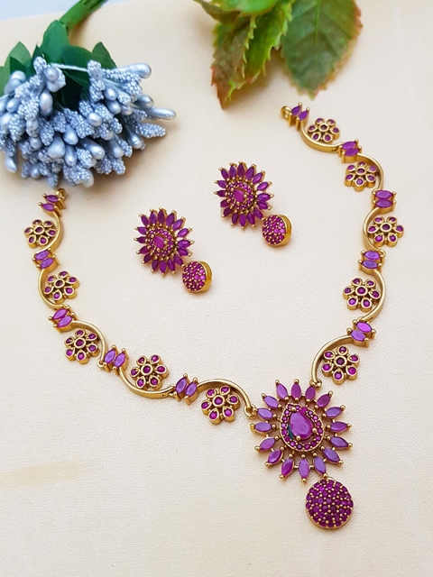 

GRIIHAM Gold-Plated Purple AD Studded Jewellery Set