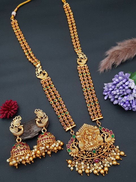 

GRIIHAM Gold-Plated Red & Green AD-Studded Jewellery Set