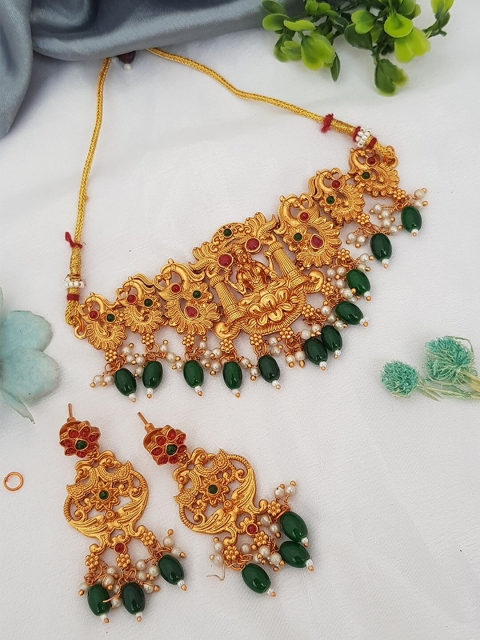 

GRIIHAM Gold-Plated Green & Pink Stone Studded & Beaded Temple Jewellery Set
