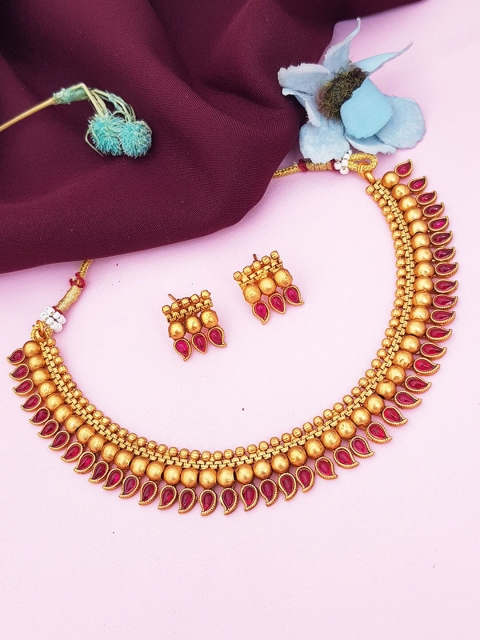 

GRIIHAM Gold-Plated Red Stone-Studded & Beaded Jewellery Set