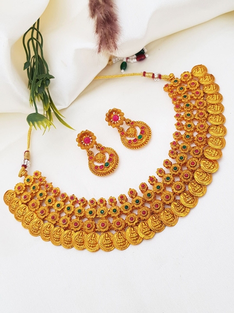 

GRIIHAM Gold-Plated Pink & Green AD-Studded Layered Occasion Jewellery Set