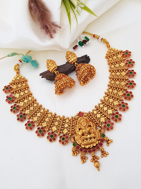 

GRIIHAM Gold-Plated Green & Pink Stone Studded Temple Jewellery Set, Multi