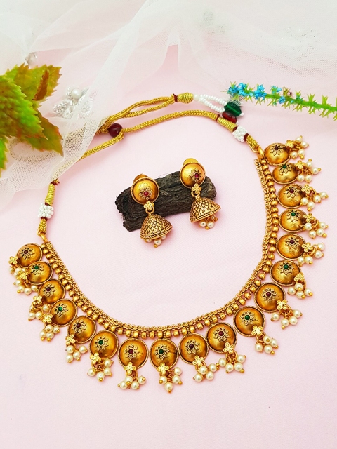 

GRIIHAM Gold-Plated Red & Green Stone Studded & Beaded Jewellery Set