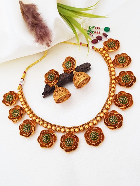 

GRIIHAM Gold-Plated Green AD-Studded Floral Short Jewellery Set