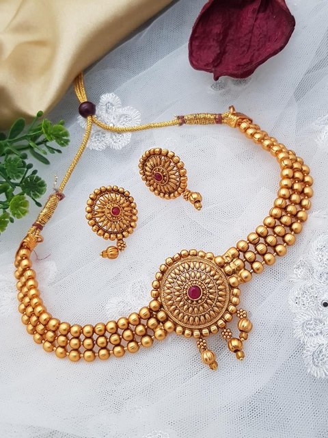 

GRIHAM Gold-Plated Pink Stone-Studded & Beaded Jewellery Set