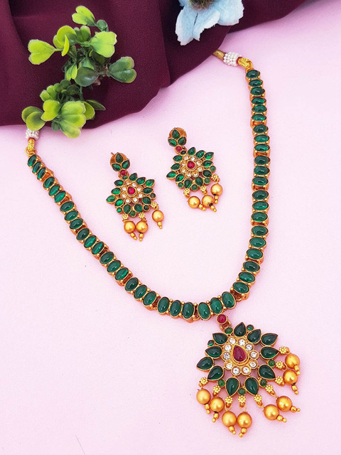 

GRIIHAM Gold-Plated Green & White Stone-Studded & Beaded Jewellery Set