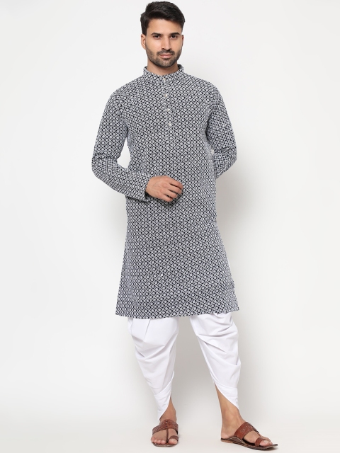 

INDIAN EPIC Men Black Ethnic Motifs Printed Thread Work Dupion Silk Kurta with Dhoti Pants