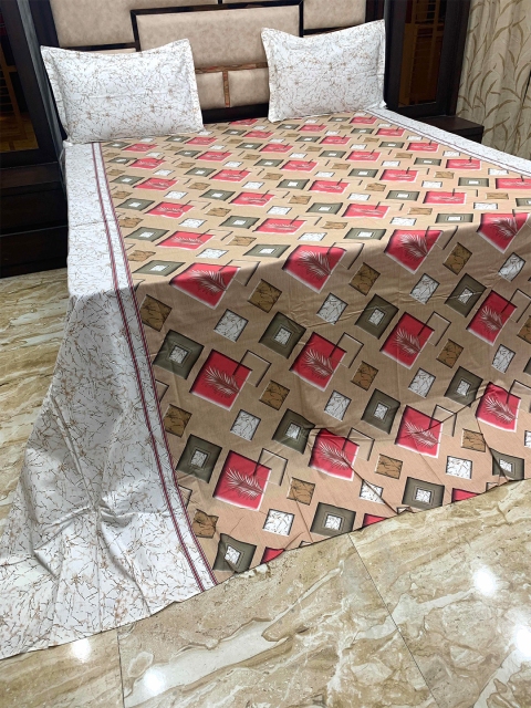 

Pure Decor Brown & White Geometric 400 TC Cotton King Bedsheet with 2 Pillow Covers