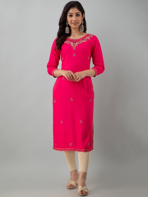 

CKM Women Pink Floral Yoke Design Thread Work Kurta Plus Size