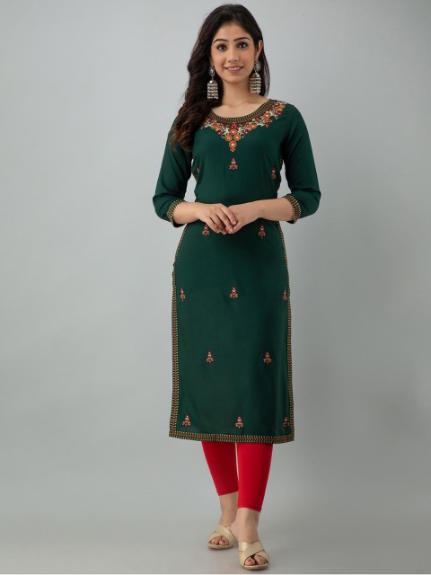 

CKM Women Green Floral Yoke Design Thread Work Kurta Plus Size