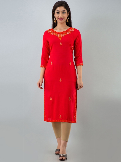 

CKM Women Red Floral Yoke Design Thread Work Kurta Plus Size