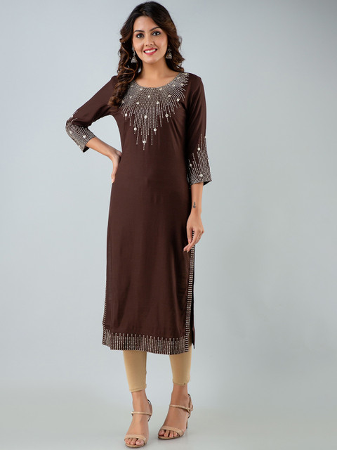

CKM Women Brown Flared Sleeves Mirror Work Kurta