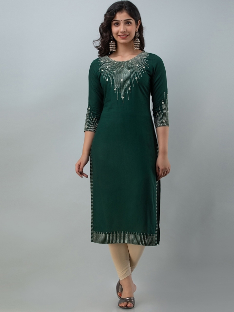 

CKM Women Green Geometric Mirror Work Kurta