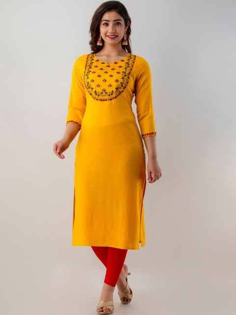 

CKM Women Mustard Yellow Floral Yoke Design Mirror Work Kurta