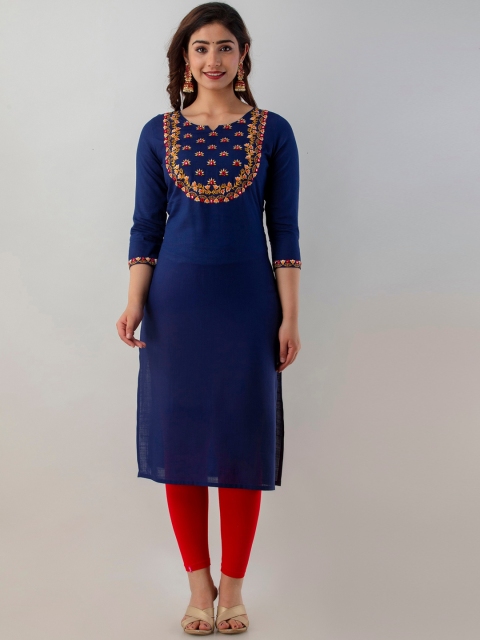 

CKM Women Navy Blue Floral Yoke Design Mirror Work Kurta
