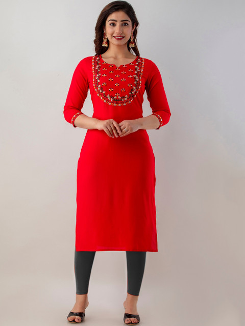 

CKM Women Red Floral Yoke Design Mirror Work Kurta