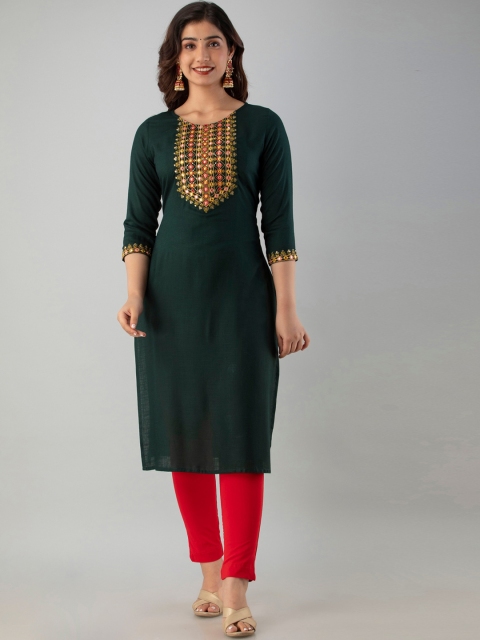 

CKM Women Green Embroidered Kurta