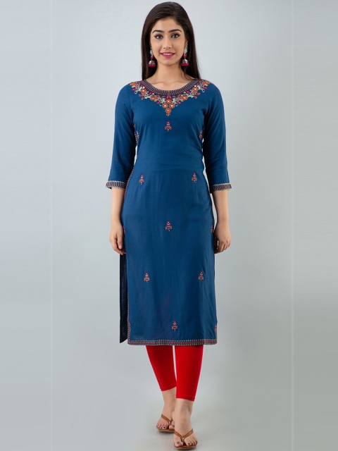 

CKM Women Blue Floral Yoke Design Mirror Work Kurta Plus Size