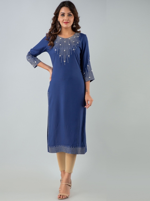 

CKM Women Navy Blue Ethnic Motifs Yoke Design Thread Work Kurta