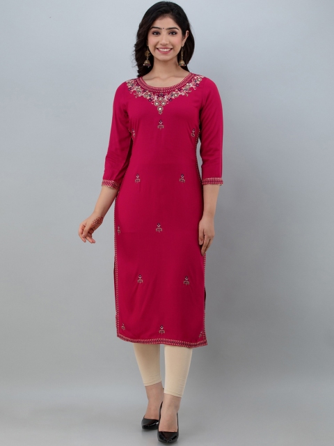 

CKM Women Red Floral Yoke Design Mirror Work Kurta Plus Size