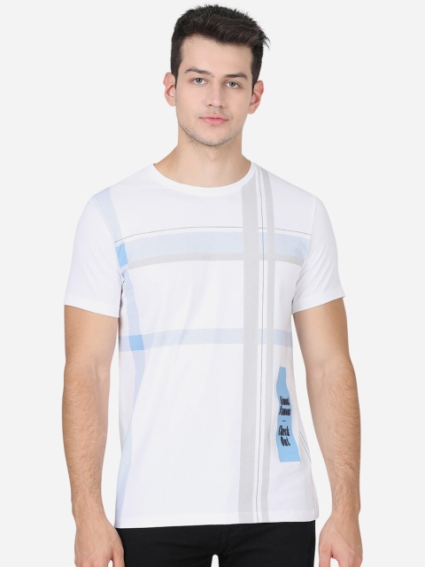 

JADE BLUE Men White & Blue Checked Slim Fit T-shirt