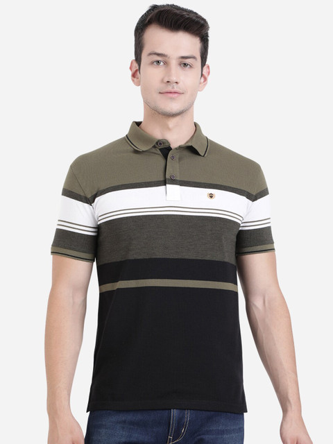 

JADE BLUE Men Olive Green & Black Striped Polo Collar Slim Fit T-shirt