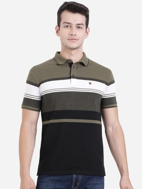 

JADE BLUE Men Brown Striped Polo Collar Slim Fit T-shirt