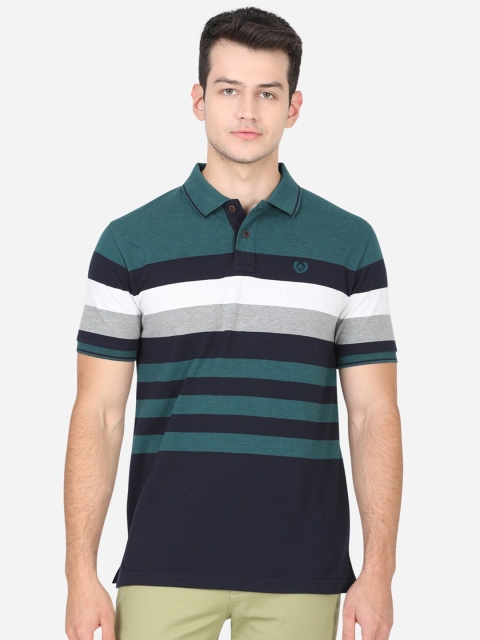 

Greenfibre Men Green & Navy Blue Striped Polo Collar Slim Fit T-shirt