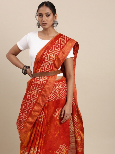 

Taavi Orange Batik Silk Blend Block Print Saree