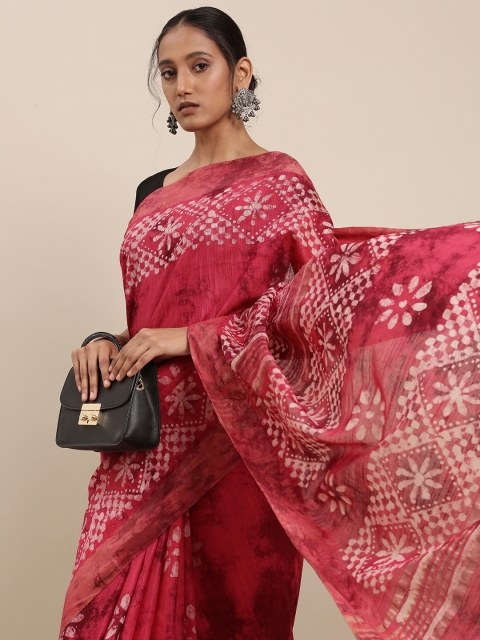 

Taavi Pink & Maroon Batik Silk Blend Block Print Saree
