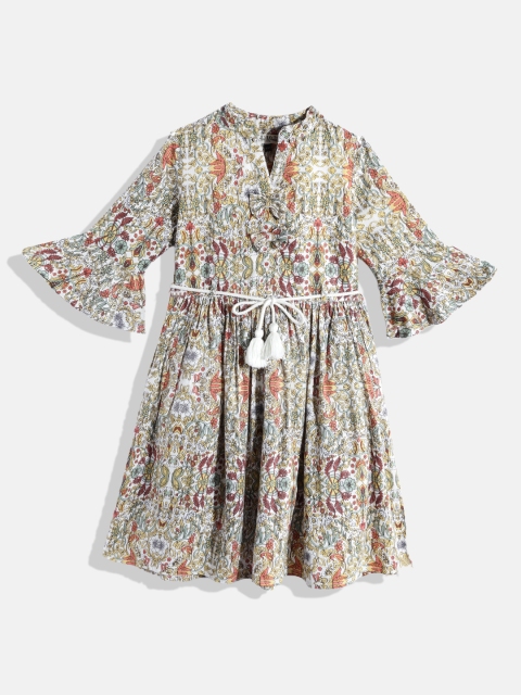 

Bella Moda White & Yellow Ethnic Motifs Pure Cotton Dress