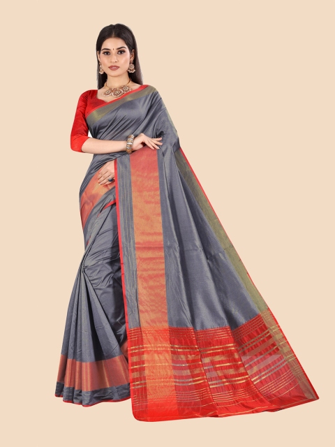 

VAIRAGEE Grey & Red Woven Design Saree