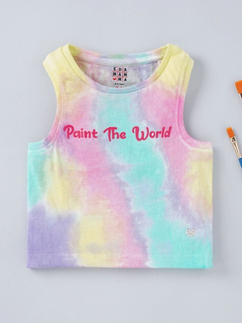 

Ed-a-Mamma Girls Blue & Yellow Tie and Dye Printed V-Neck T-shirt