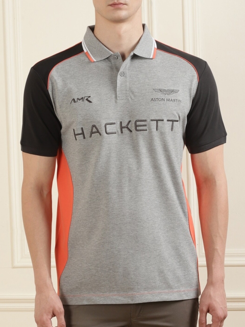 

HACKETT LONDON Men Grey & Black Colourblocked Polo Collar T-shirt