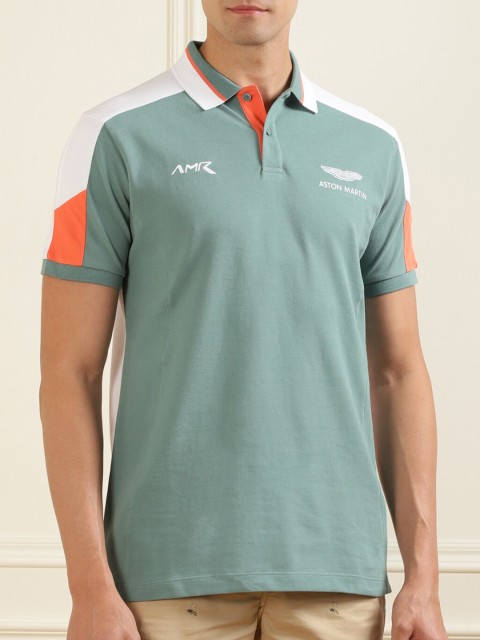 

HACKETT LONDON Men Green Polo Collar Colourblocked T-shirt