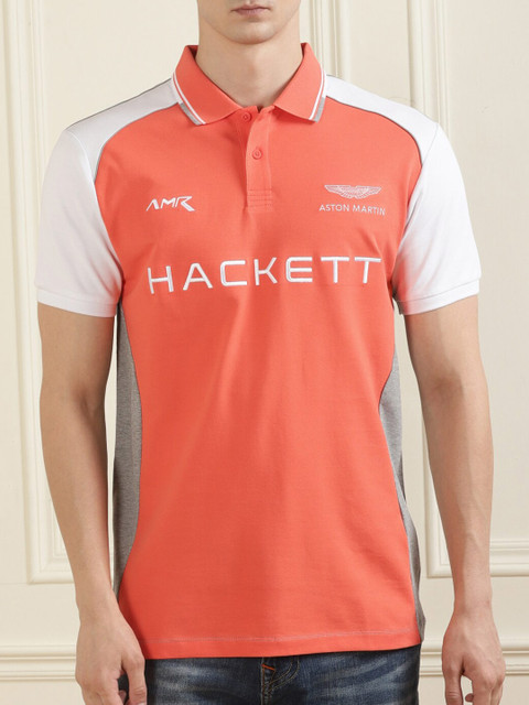 

HACKETT LONDON Men Pink Typography Colourblocked Polo Collar Applique T-shirt