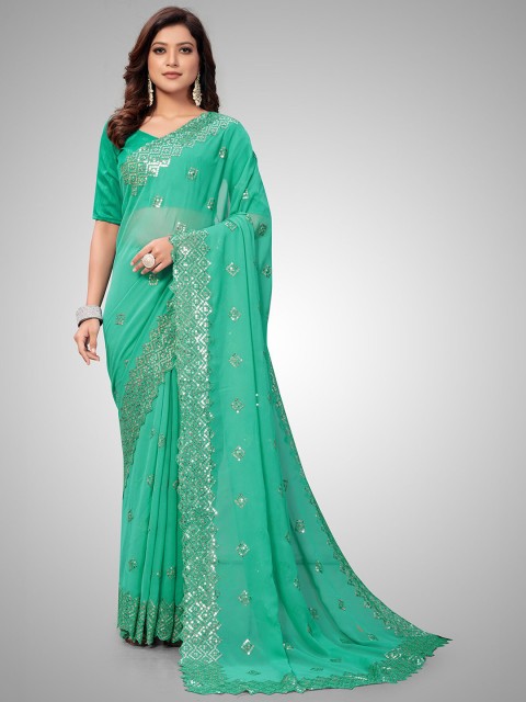 

Mitera Green & Silver-Toned Embellished Sequinned Pure Georgette Saree