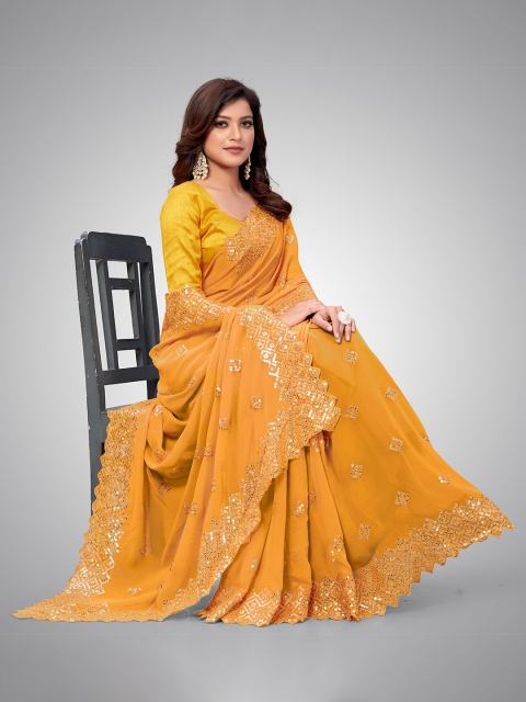 

Mitera Yellow Embellished Sequinned Pure Georgette Saree