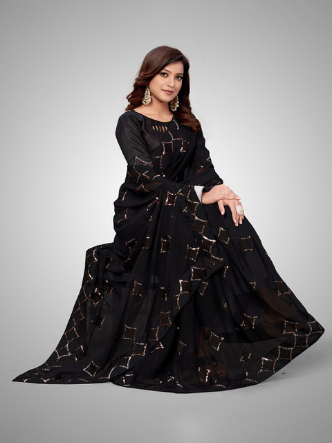 

Mitera Black Embellished Sequinned Pure Georgette Saree