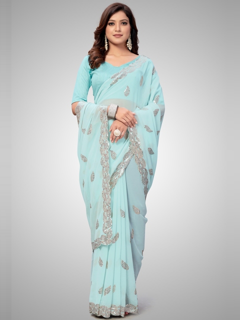 

Mitera Turquoise Blue & Grey Embellished Sequinned Pure Georgette Saree