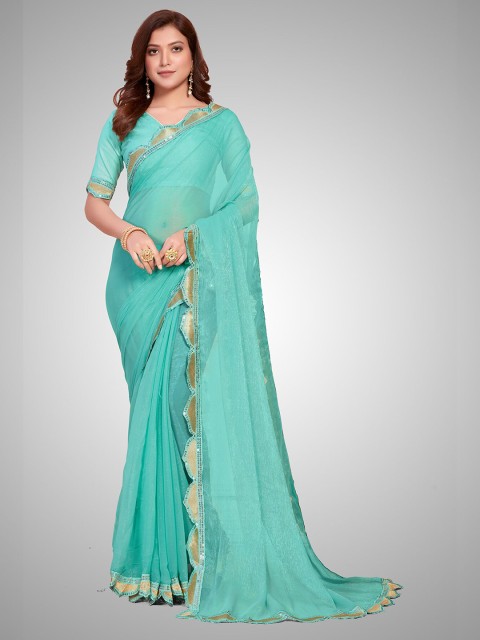 

Mitera Turquoise Blue & Gold-Toned Embellished Sequinned Saree