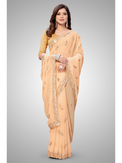 

Mitera Orange Embellished Sequinned Pure Georgette Ready to Wear Saree